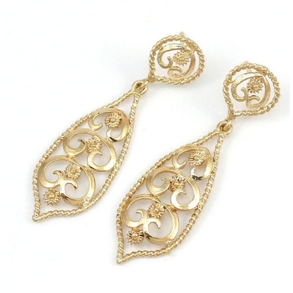 Solid 14K Yellow Gold Filigree Lacework Flower Dangle Stud Post Earrings